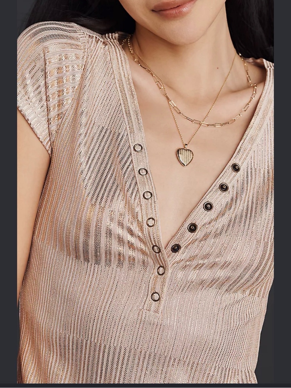Pilcro Metallic Rose Knit V-Neck Snap-Front Crop Top